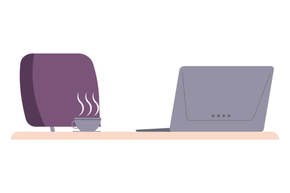 Empty Work Desk with Laptop and Hot Coff: Brand Illustration & Graphics